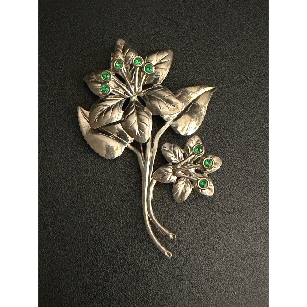 Brooch Silver Green Rhinestone Floral Double Flower Vintage Botanical Leaf 0348